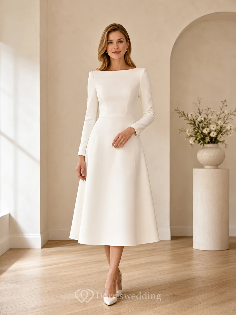 Vestido de novia sencillo de satén con escote barco y manga larga, estilo británico, hasta la rodilla.