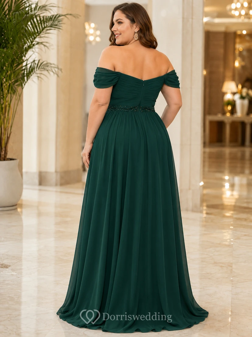 Smaragdgrünes, bodenlanges, schulterfreies Chiffon-Abendkleid in A-Linie mit kurzen Ärmeln und smaragdgrünem Muster view 2