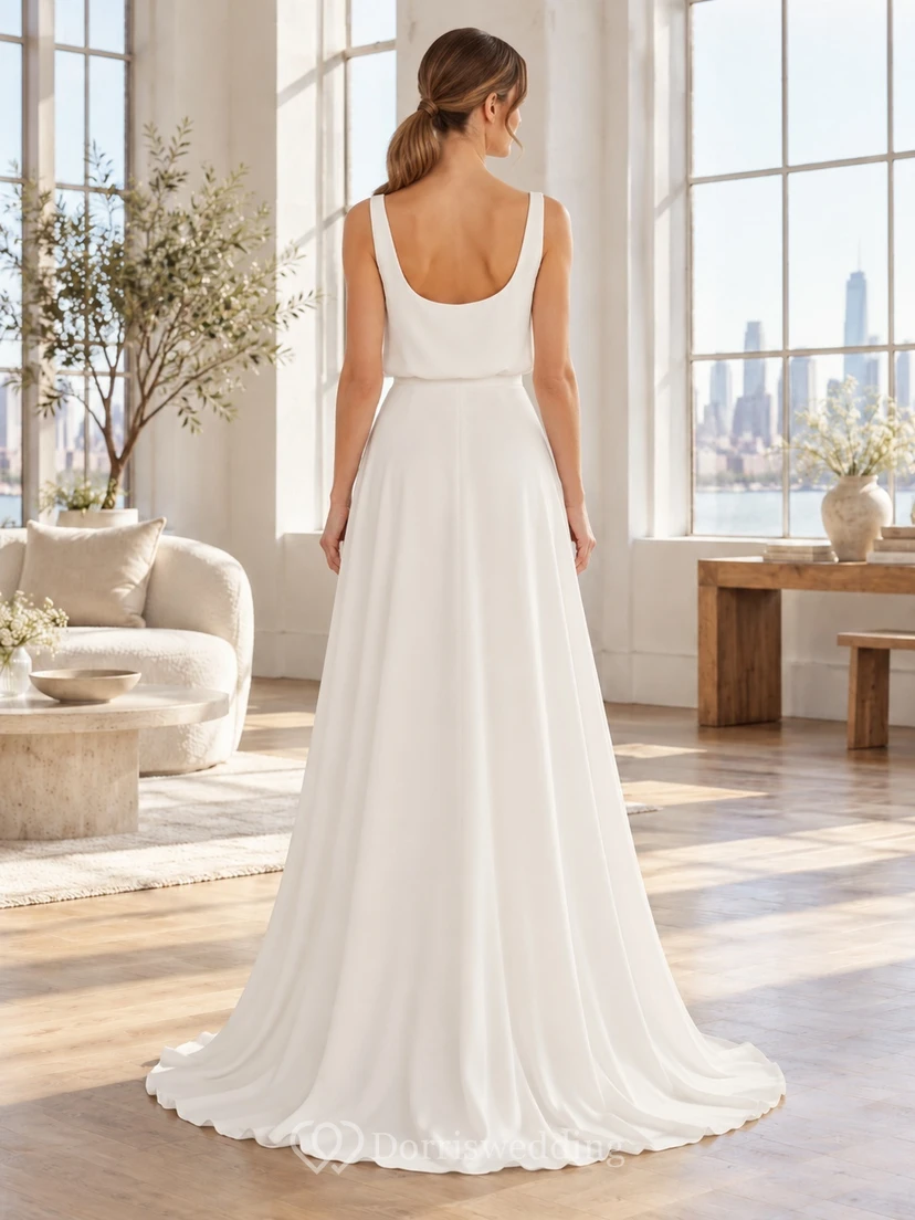 Simple Scoop Neck Sleeveless Flowing Full A-line Bridal Wedding Dress view 2