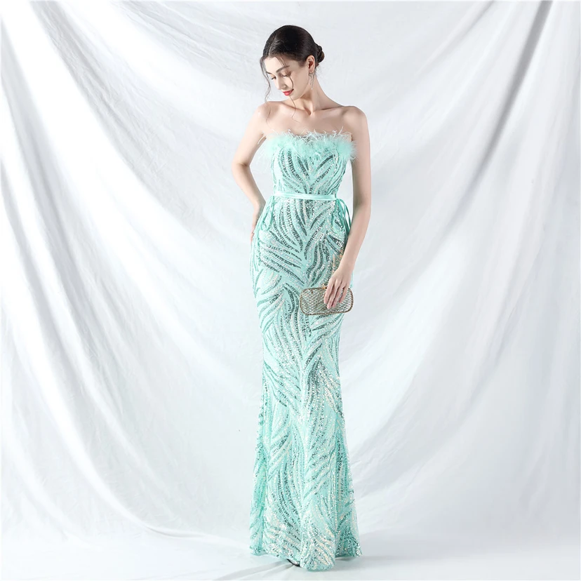 Double-Binding Rope-Binding Craft-Made Ostrich Feather Encrypted Laminated Beads High-End Evening Dress view 5
