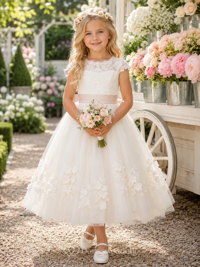 Flower Girl Dress A-Line Cream Floral Lace Tulle Cap Sleeve Garden