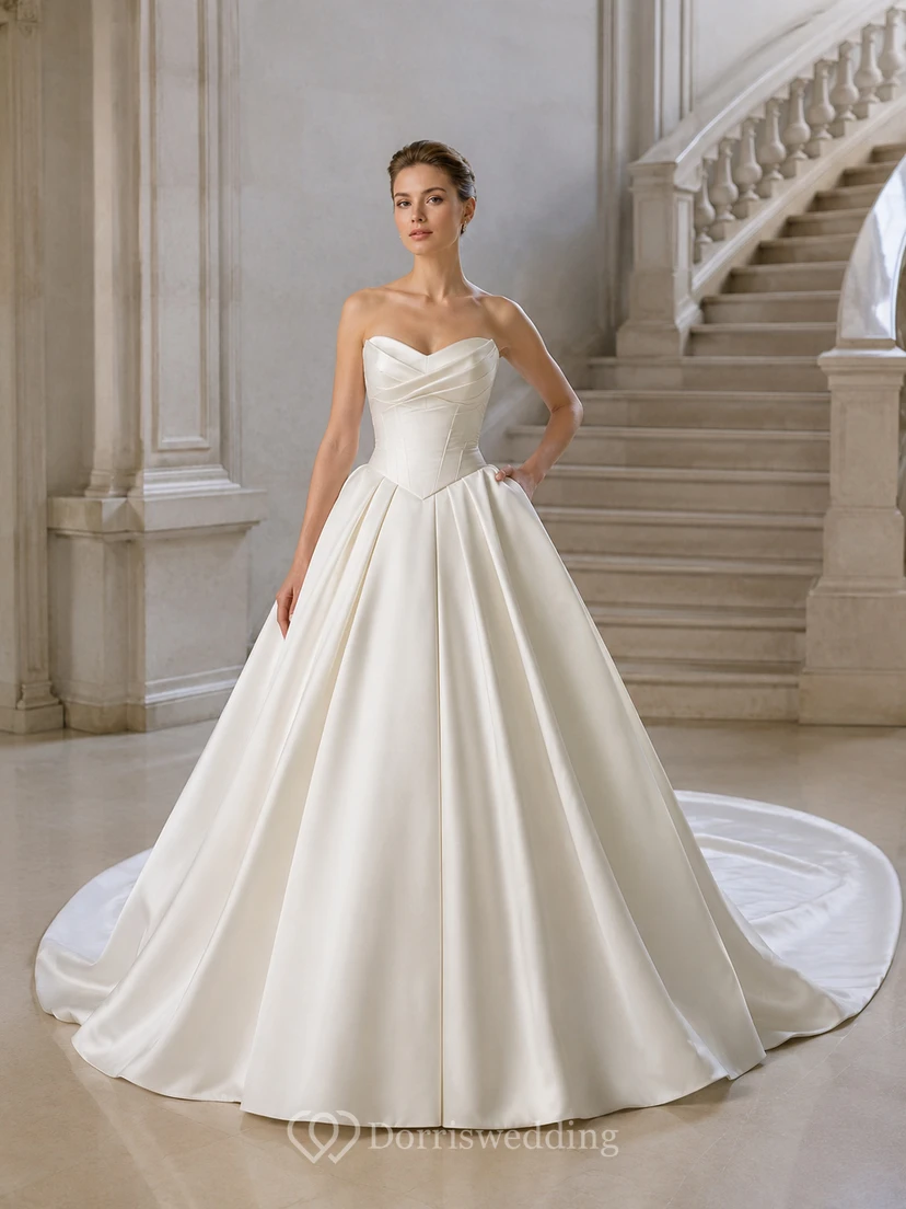 Robe de bal bustier en satin poli, décolleté cœur, traîne cathédrale, dos nu orné d'un nœud, robe de mariée de style chapelle