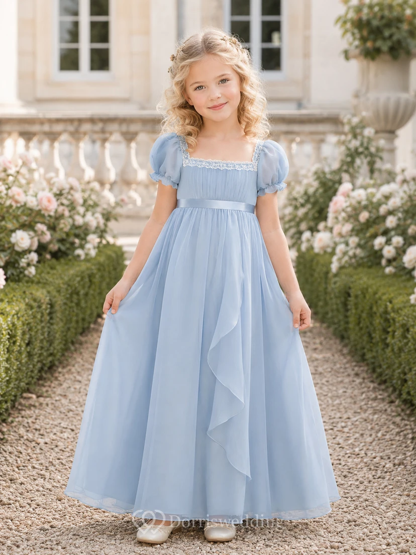 Powder Blue Flower Girl Dress Floor-Length Chiffon A-Line Square Neck Puff Sleeve Lace Cascade