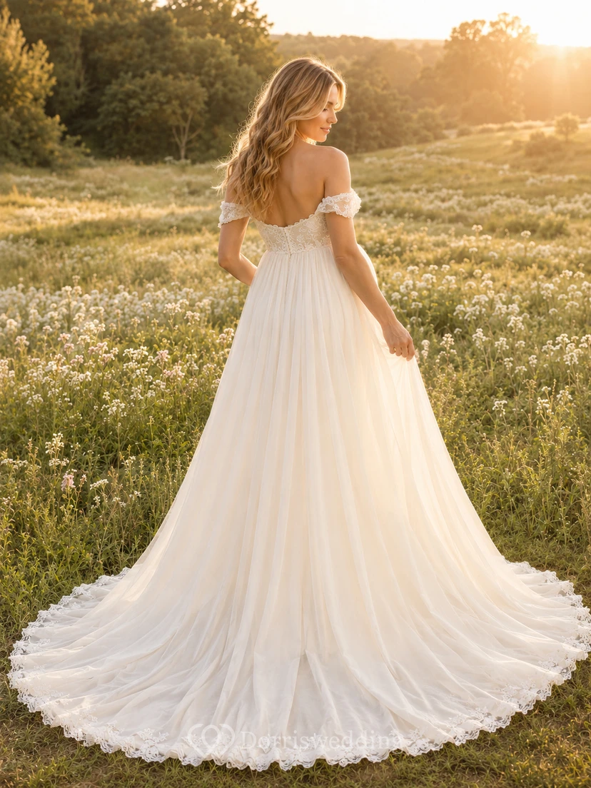 Maternity Wedding Dress Off-the-Shoulder Lace Sleeve A-Line Country Bridal Gown with Train view 2