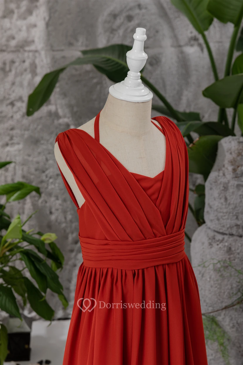 Red Halter Criss-cross Empire Chiffon Ruched Flowergirl Dress view 6