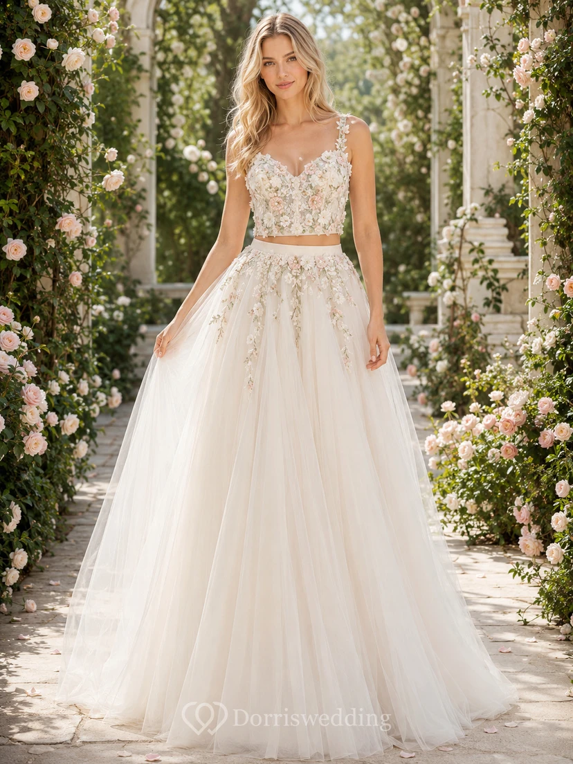 Floral Embroidered Crop Bodice Layered Tulle Garden Bridal Set