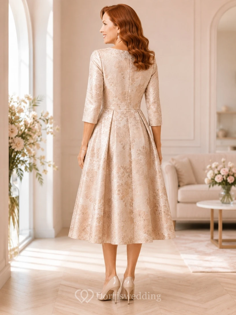 Champagnerfarbenes Midikleid mit floralem Jacquardmuster, V-Ausschnitt, Dreiviertelärmeln und A-Linien-Schnitt, ideal für Mütter von Frauen. view 2