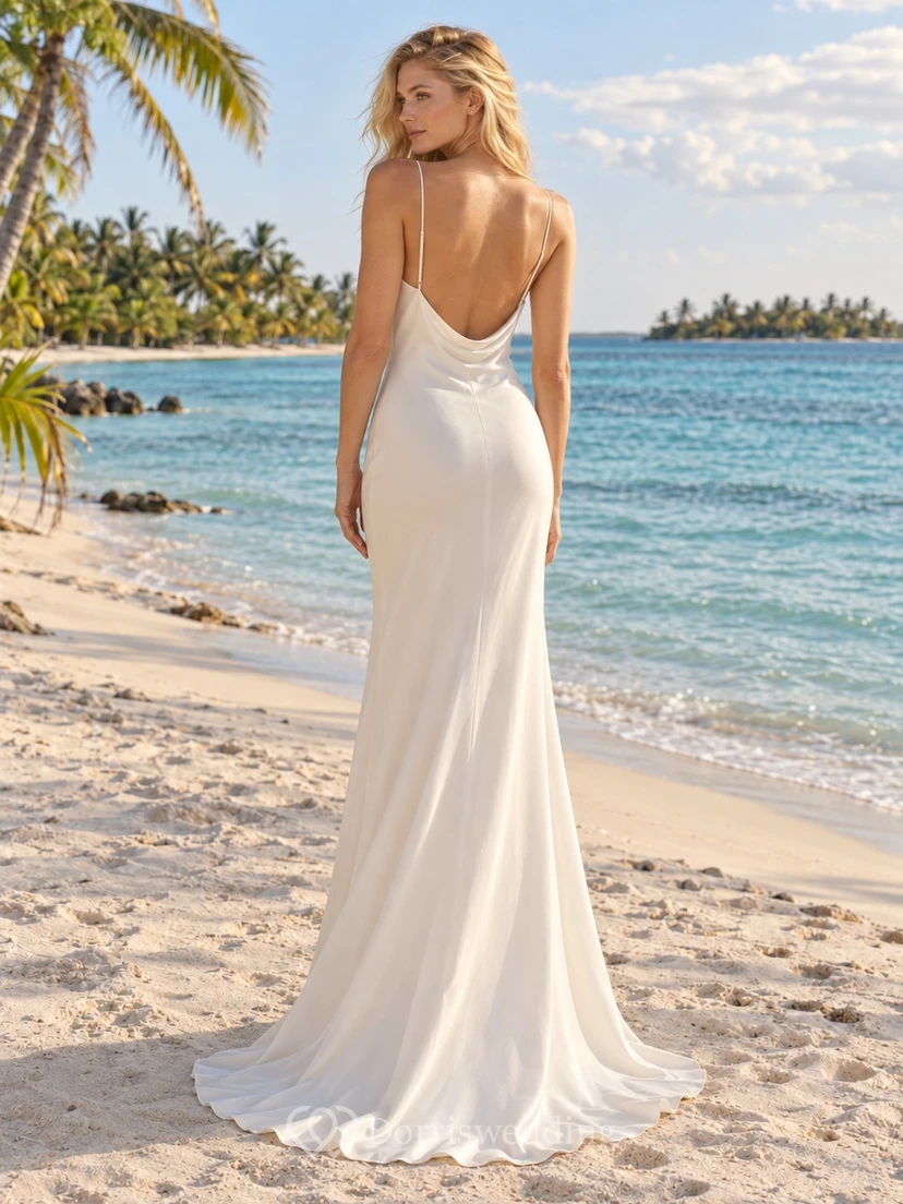 Schlichtes Meerjungfrauen-Brautkleid aus Crêpe mit Wasserfallausschnitt, dünnen Trägern und drapiertem Rücken view 2