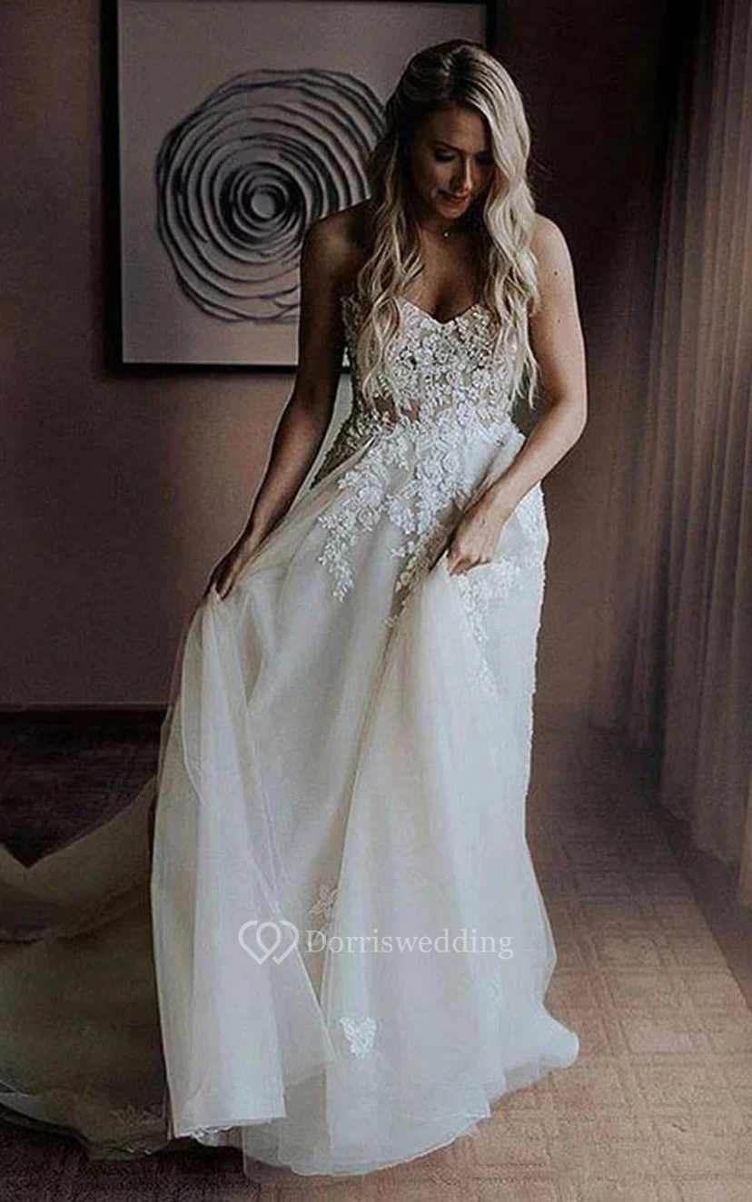 Strapless Lace Applique Sheath Simple Elegant Wedding Dress view 3