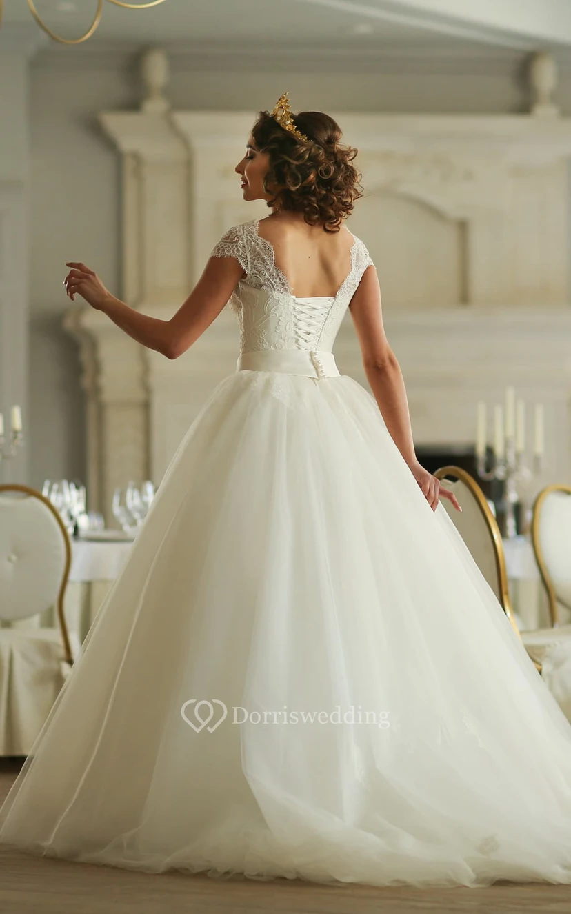 Ball Gown Long Bateau Cap-Sleeve Lace-Up Tulle Dress With Lace view 2