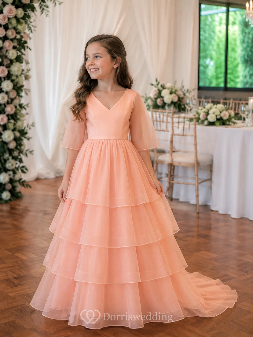 V-neck Illusion Half-sleeve Tiered A-line Flowergirl Dress with Sweep Train view 10