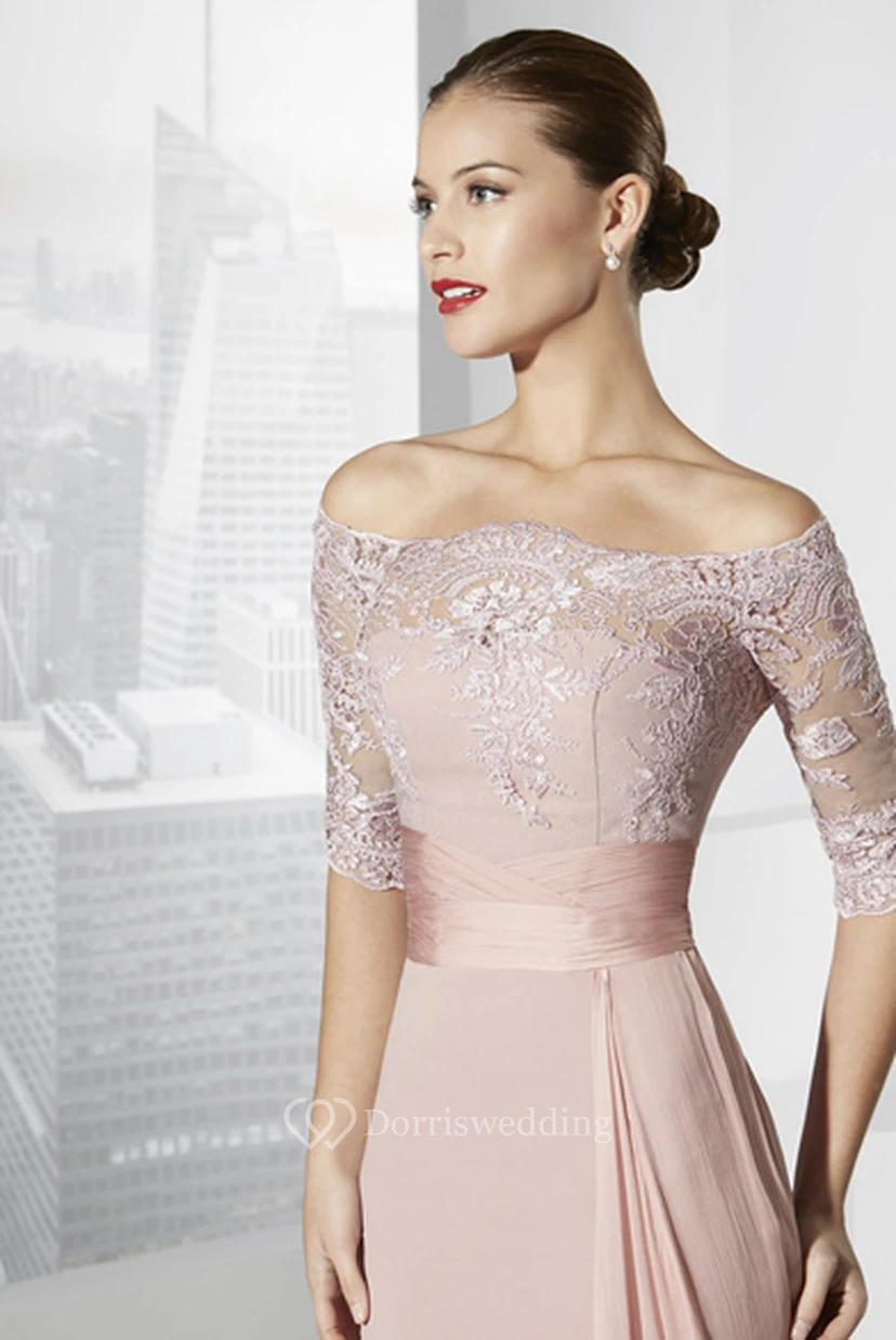 Sheath Half-Sleeve Off-The-Shoulder Appliqued Maxi Chiffon Prom Dress view 4