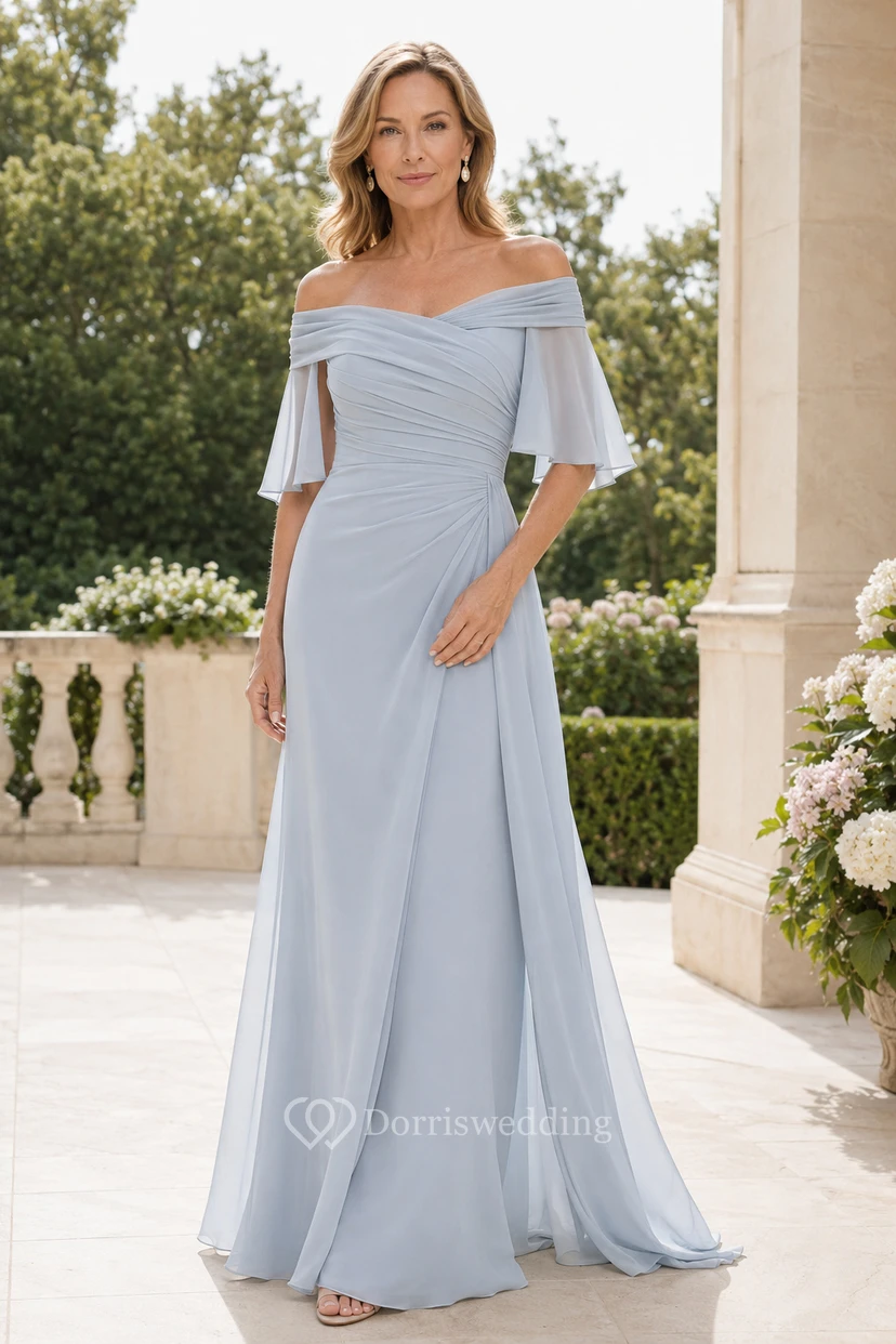 Himmelblaues schulterfreies Chiffon-Kleid in A-Linie mit flatternden Ärmeln
