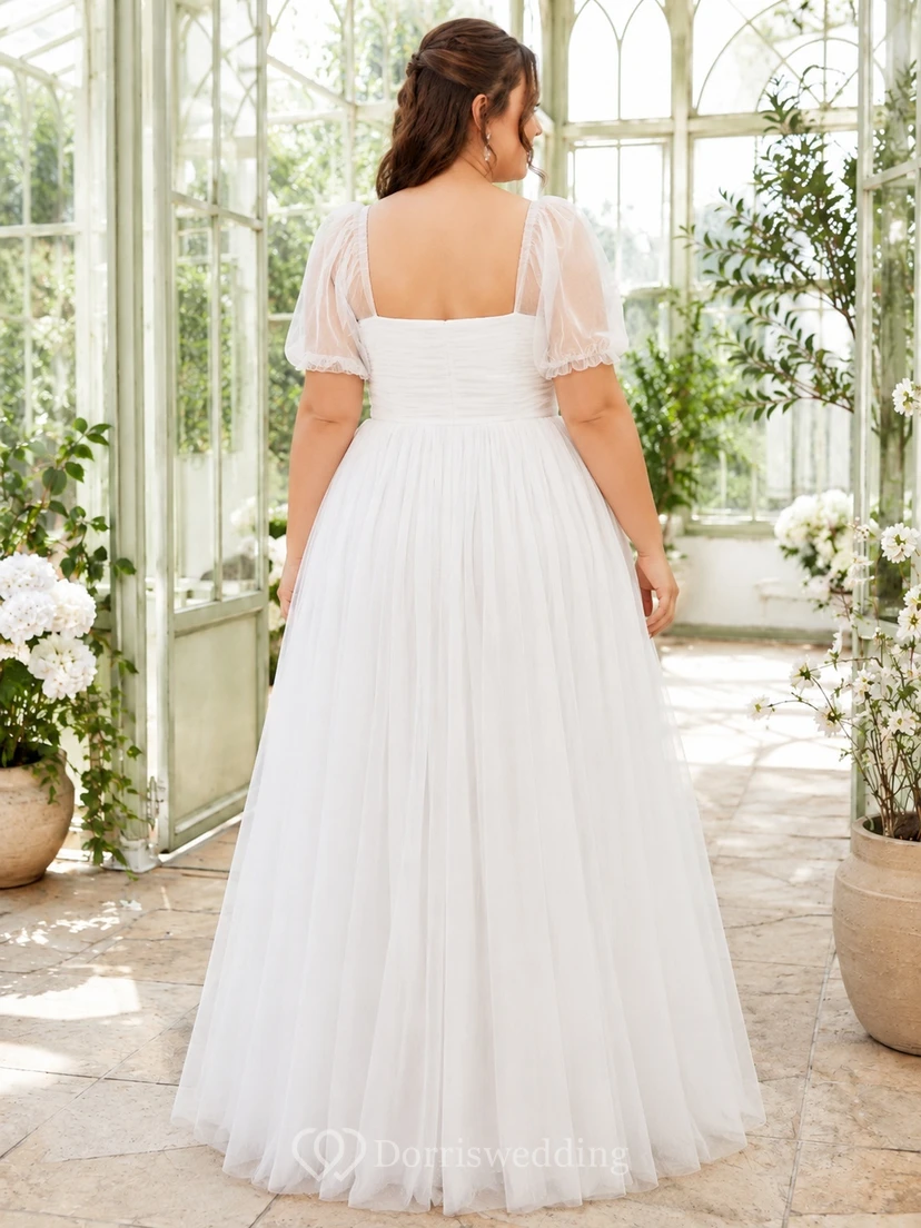 Romantic Plus Size Square Neck Puff Sleeve Tulle A Line Bridal Wedding Dress view 2
