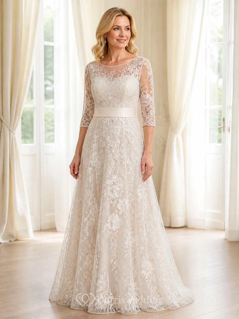 Heirloom Modest Older Brides Lace A-Line Floor-length Bateau Three-Quarter Sleeve Mother Dress