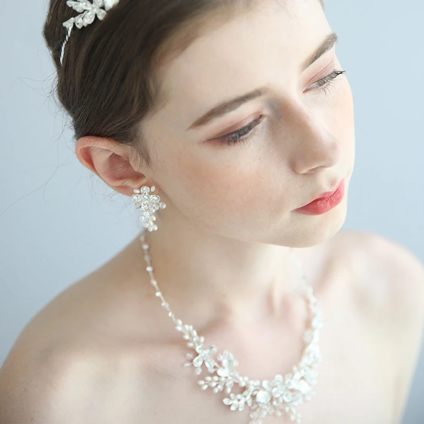 Classic Silver Crystal Rhinestone Necklace and Earrings and Crown Jewelry Set view 2