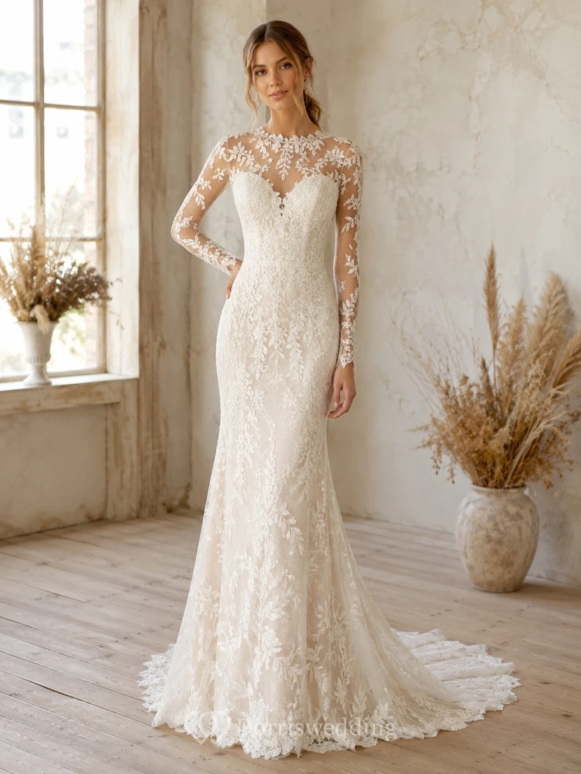 Robe de mariée sirène à col montant en dentelle illusion superposée, manches longues et traîne balayée, ornée d'appliqués floraux, idéale pour une salle de bal.