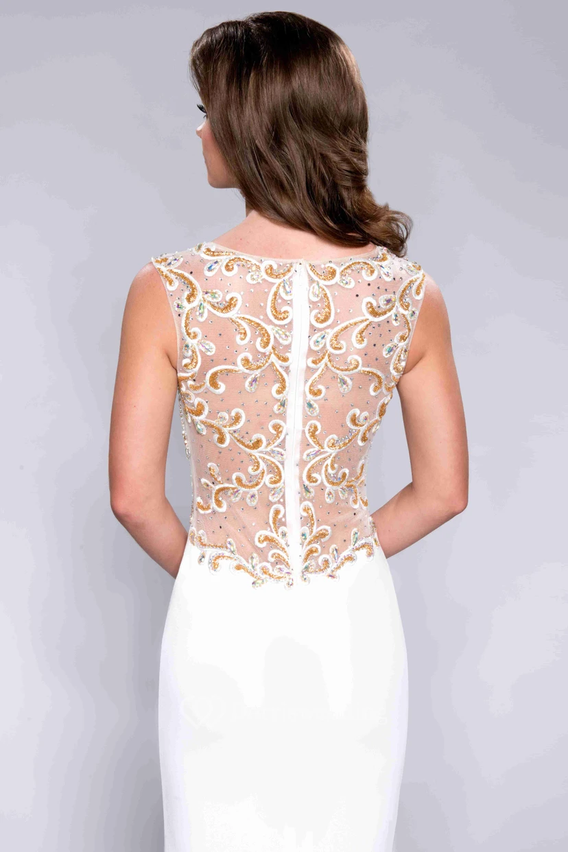 Bateau Neck Jersey Sheath Sleeveless Prom Dress With Jeweled Illusion Design view 2