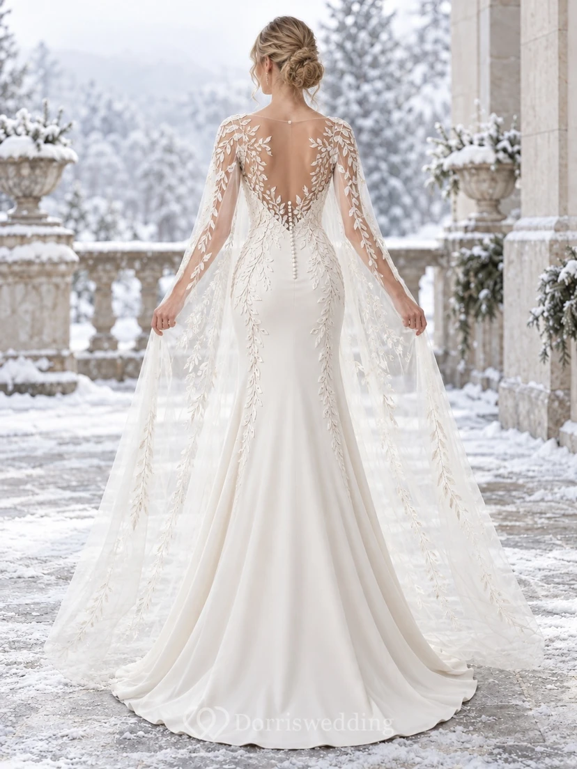 Vestido de novia de invierno estilo sirena con cuello joya transparente, encaje de hojas y capa de satén view 2