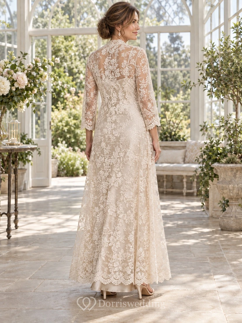 Second Wedding Lace Coat Satin Slip Square Neck Sheath Long Sleeve Floor Length Elegant Dress view 2
