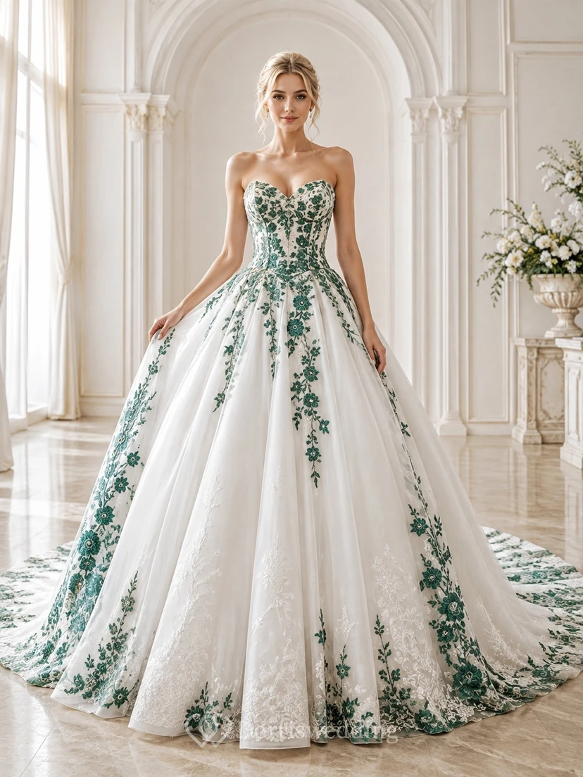 Emerald Lacework Bridal Ball Gown Strapless Sleeveless Cathedral Train Romantic Elegant Gown