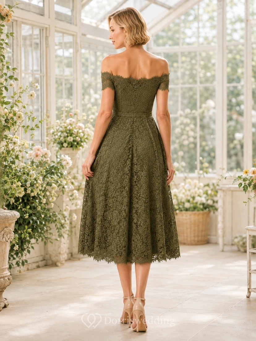 Olive Off-Shoulder Floral Lace Scalloped Tea-Length Elegant A-Line Guest Dress view 2
