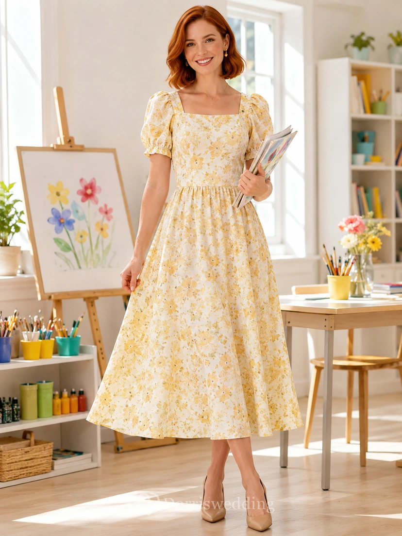 Yellow floral puff sleeve square neck teacher midi dress