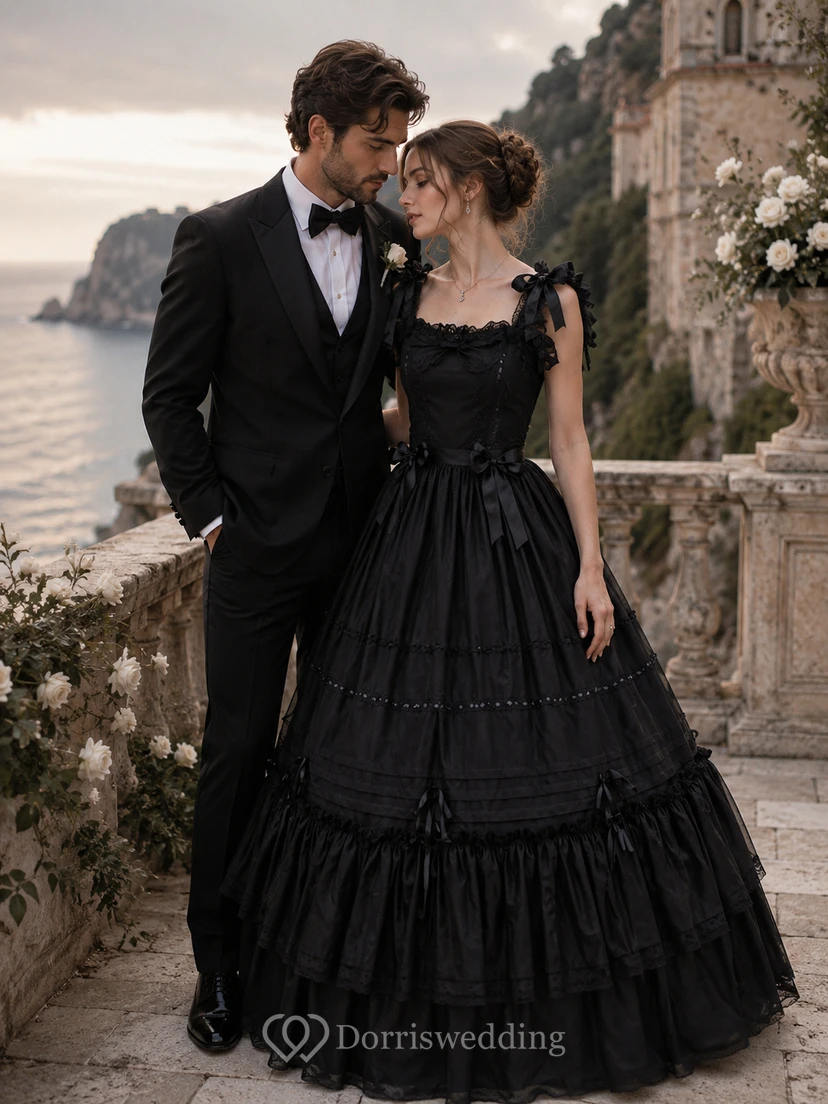 Vestido de novia de princesa, largo hasta el suelo, sin mangas, de corte cuadrado, con lazo, volantes y capas.