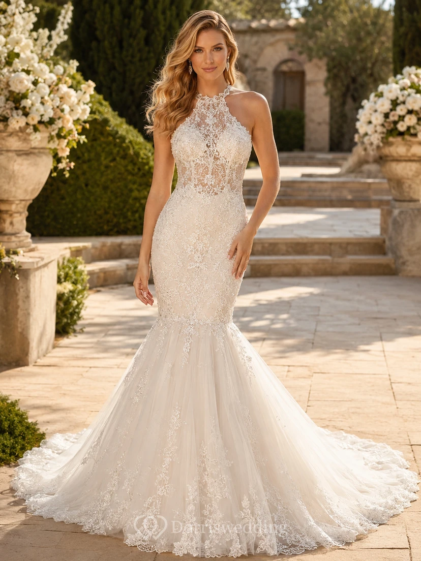 Robe de mariée sirène de luxe en dentelle dos nu sans manches avec traîne chapelle et dos nu