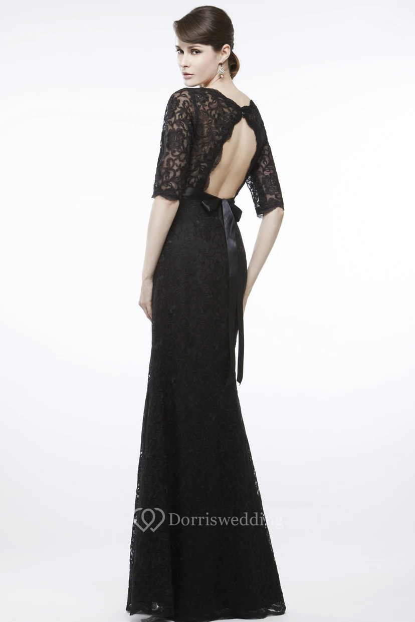 Sheath Floor-Length Jeweled Half-Sleeve Bateau-Neck Lace Prom Dress With Appliques And Ribbon view 2