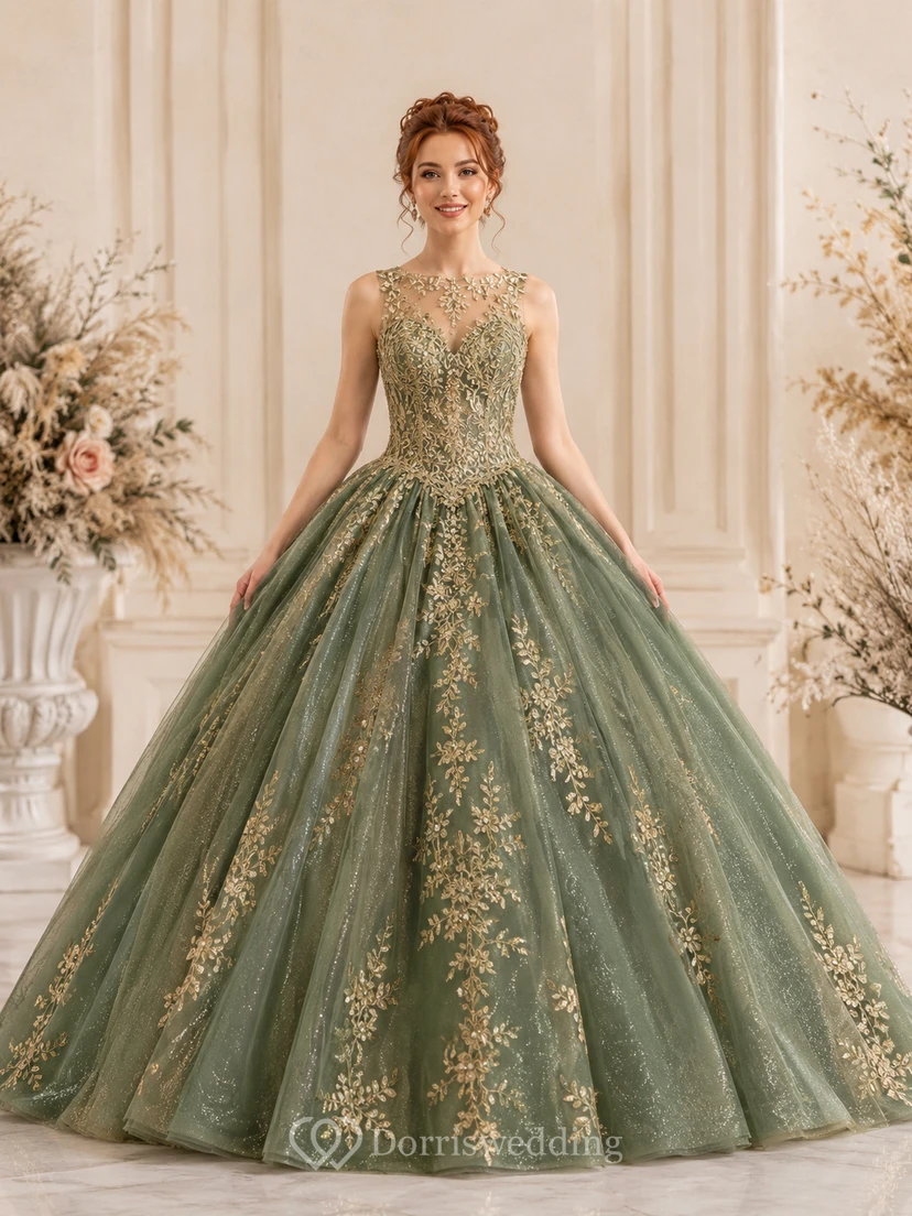 celadon Gold Petite High Neck Embroidered Quinceanera Princess Formal Ball Gown