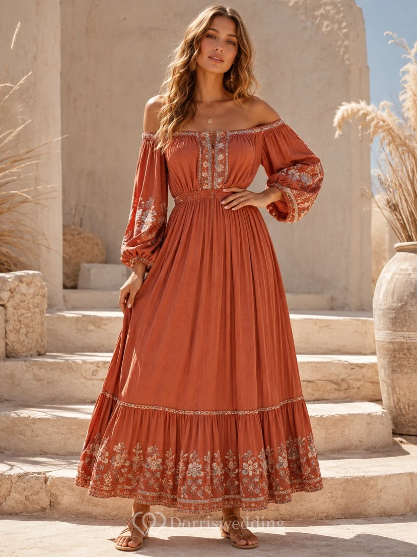 Vermilion Off-Shoulder Embroidered Puff Sleeve Tiered Chiffon Dress