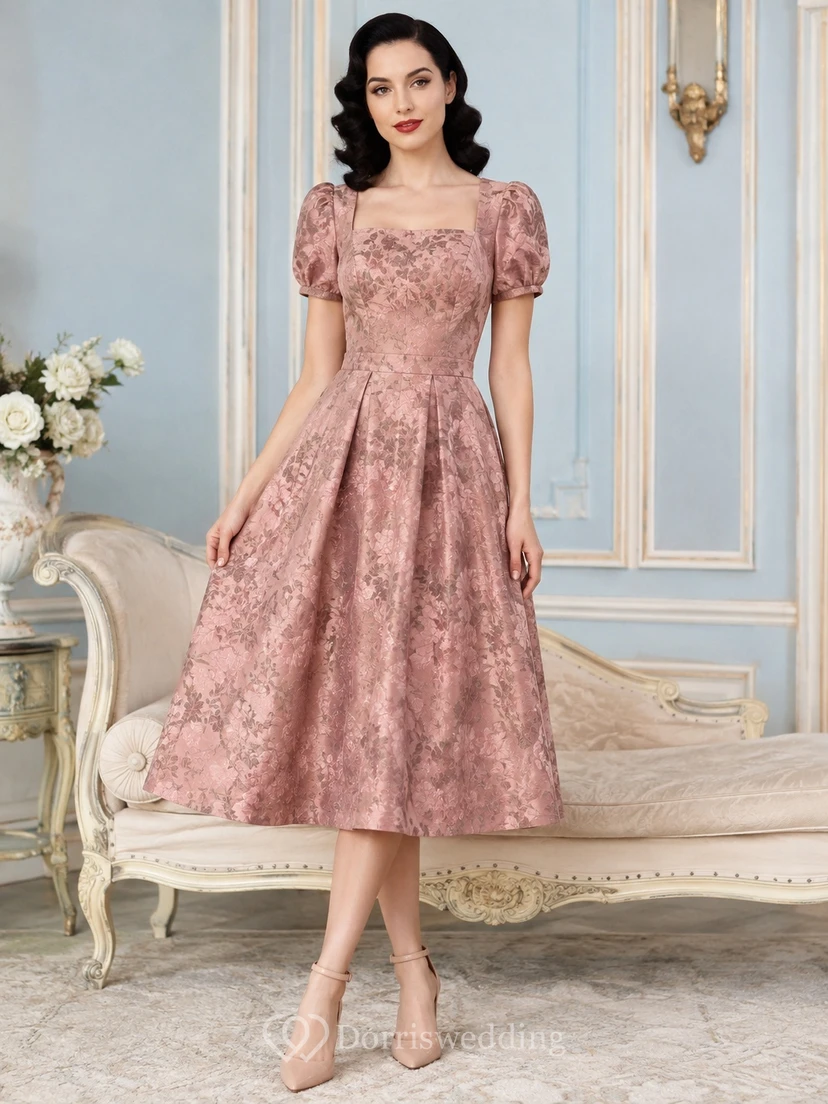 Dusty Rose Textured Square Neck Puff Sleeve A-Line Tea-Length Vintage Dress
