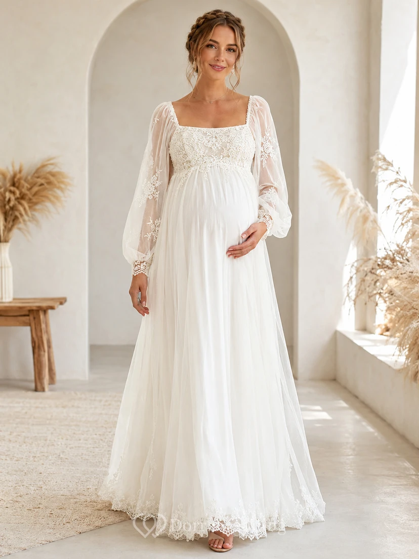 Robe de mariée vintage en mousseline de soie, col carré, manches bouffantes en dentelle, coupe trapèze, col carré et manches longues bouffantes.