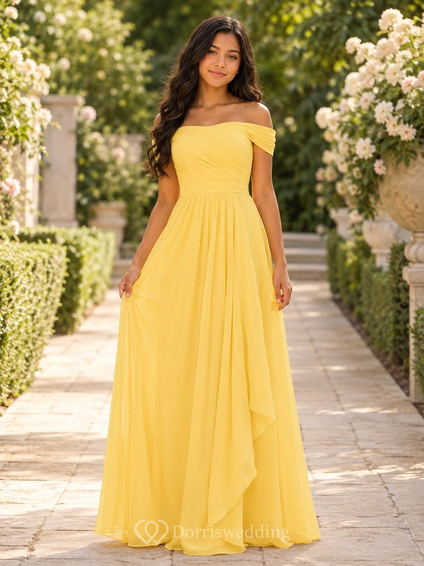 Vestido de dama de honor juvenil Daffodil, corte en A, hombros descubiertos, manga corta, drapeado, estilo romántico.