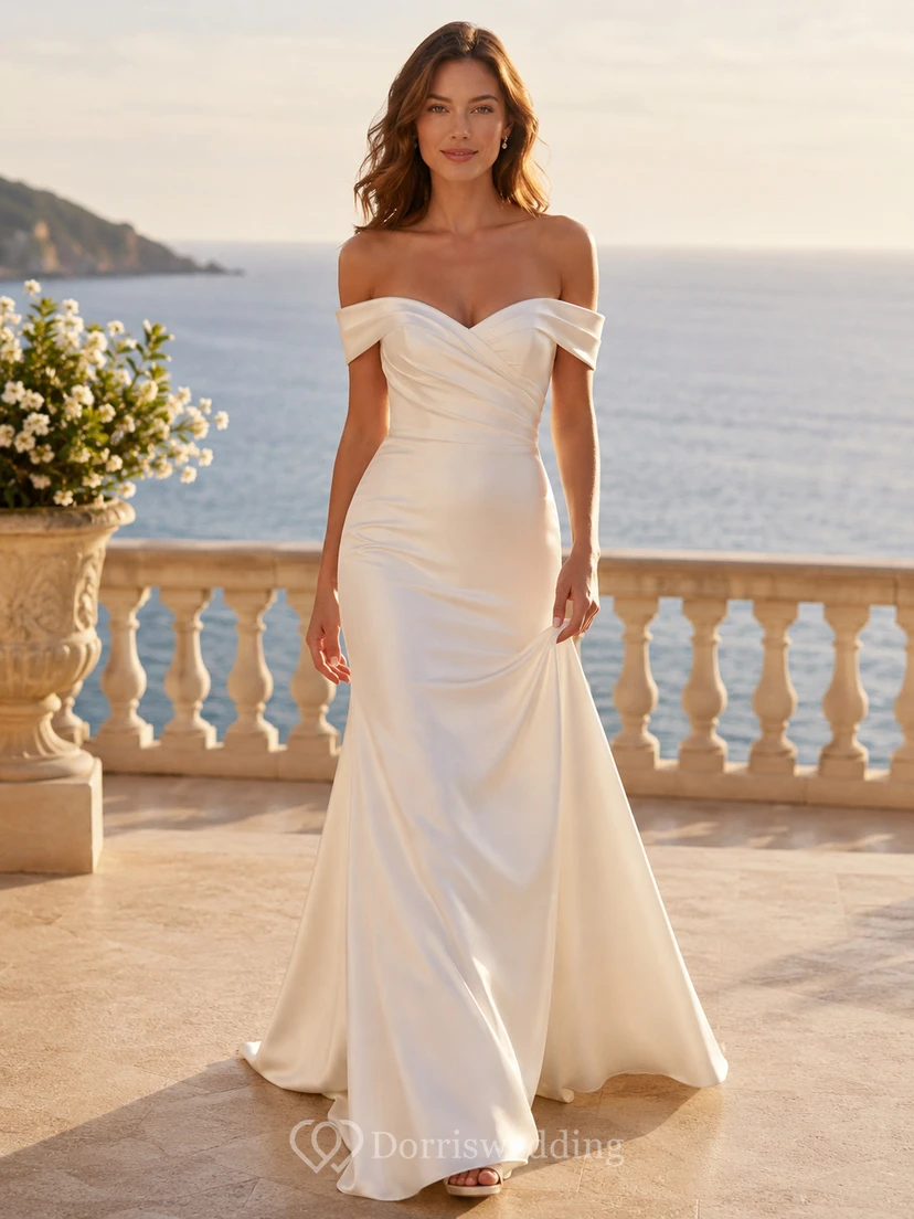 Satin Wedding Dress A-Line Strapless Sweep Train Bridal Gown