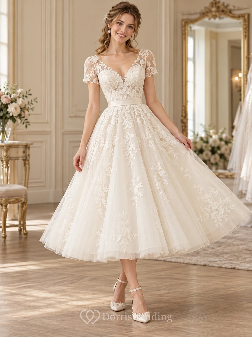 Vintage Tea-Length V-Neck Cap Sleeve Floral Tulle Wedding Dress