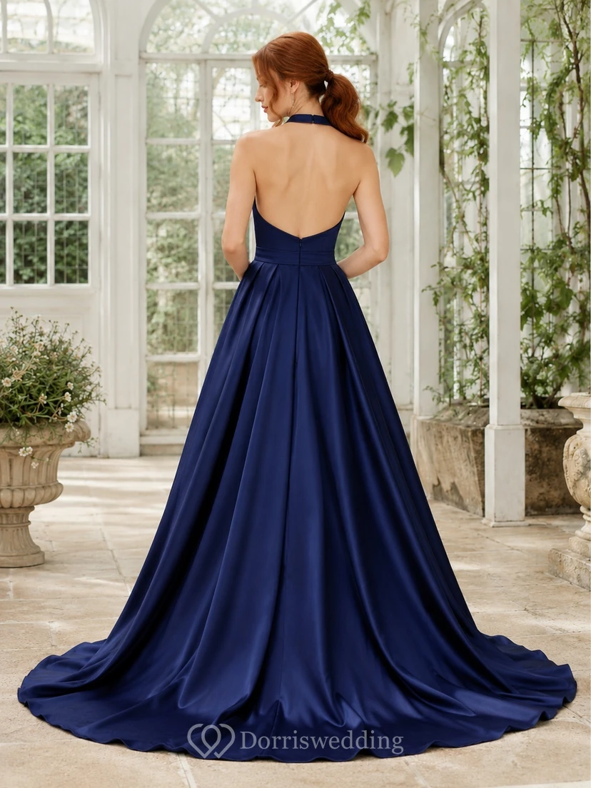 Navy Satin Keyhole Halter Sleeveless Ball Gown Sweep Train Prom Dress view 2