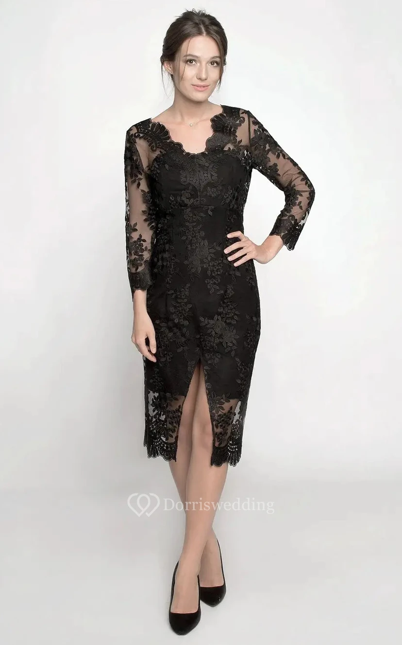 Robe cocktail décontractée à manches 3/4, longueur genou, coupe crayon, en dentelle, fermeture éclair et fente sur le devant