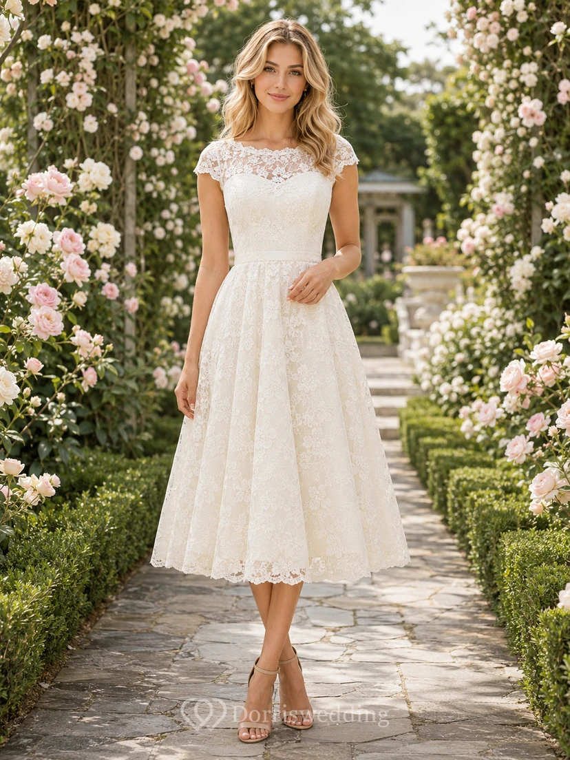 Ivory illusion lace short sleeve tea length garden guest dress