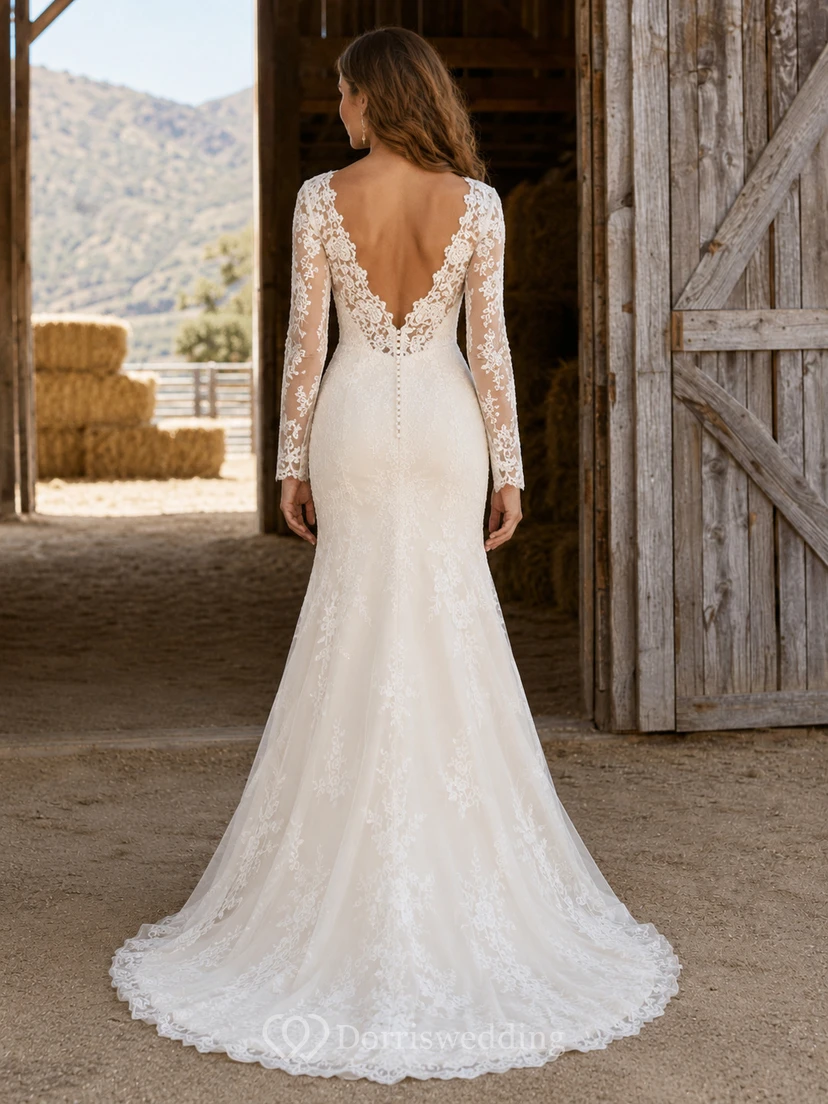 Western V-Neck Long Sleeve Floral Lace Mermaid Chapel Train Wedding Dress view 2