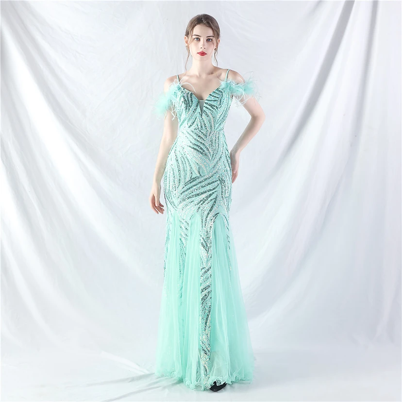 Crafted Ostrich Feather Stacked Sequins Splicing Mesh Gauze High-End Evening Dress Clothes view 81