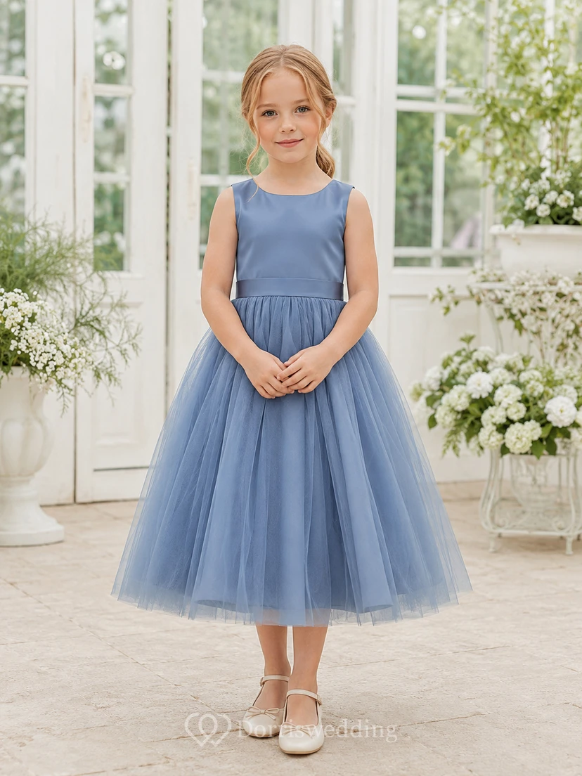 Flower Girl Dress Steel Blue Tulle A-Line Jewel Neck Tea Length Bow Back