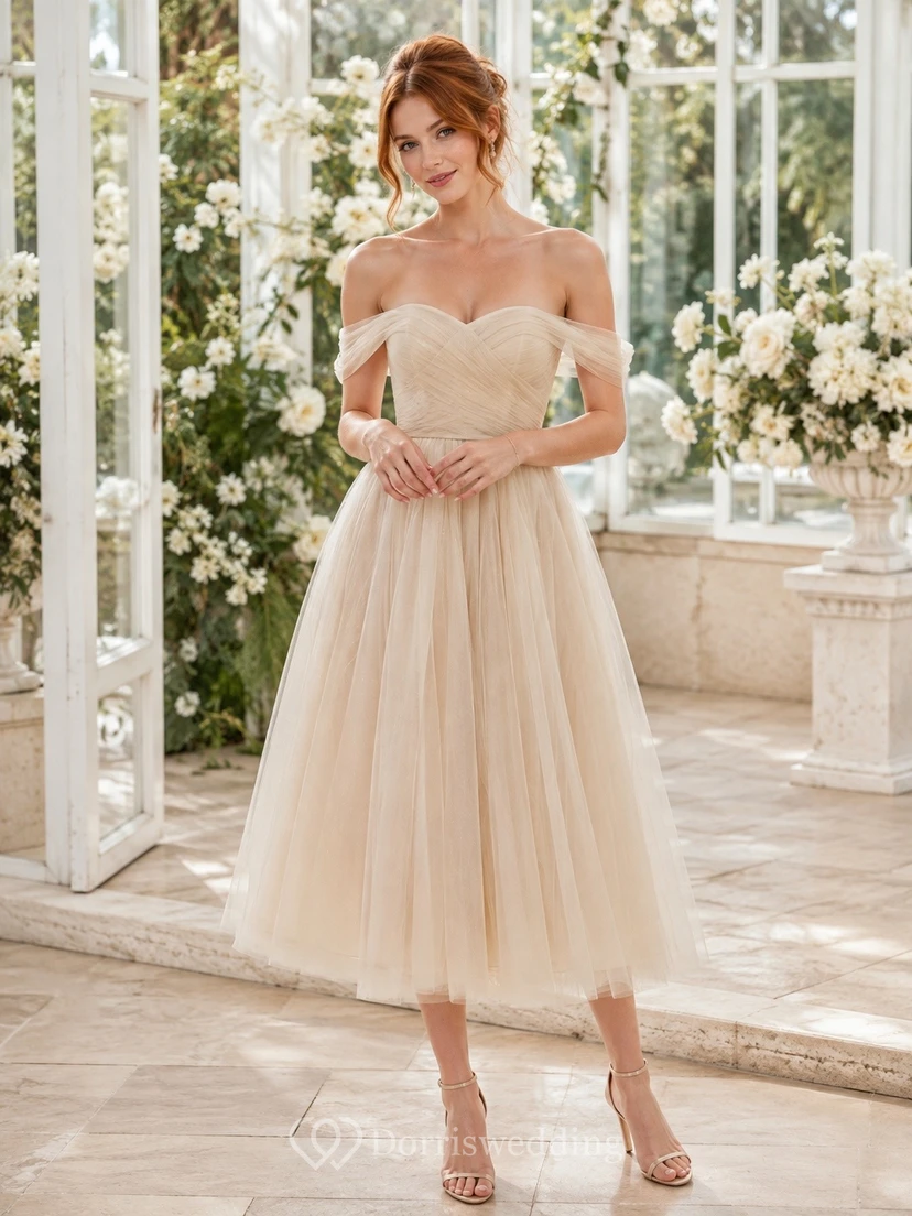 Champagne Off-the-Shoulder Short Sleeve Tulle A-Line Midi Dress