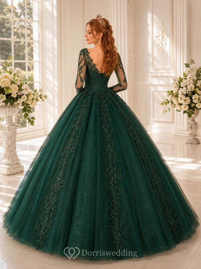 Emerald V-neck Illusion Long Sleeve Lace Tulle Ball Gown Quinceanera Dress view 2