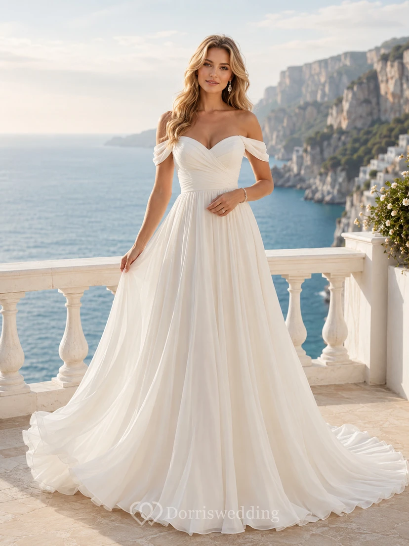 Beach Chiffon Tulle Wedding Dress A-Line Off Shoulder Sweep Train Bridal Gown