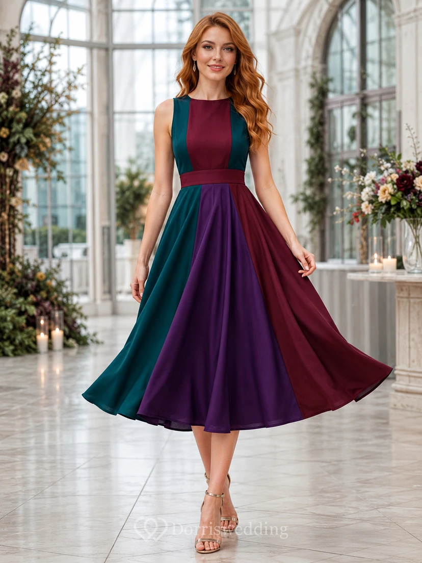 Vestido de invitada sin mangas con cuello alto y bloques de color verticales en tonos joya