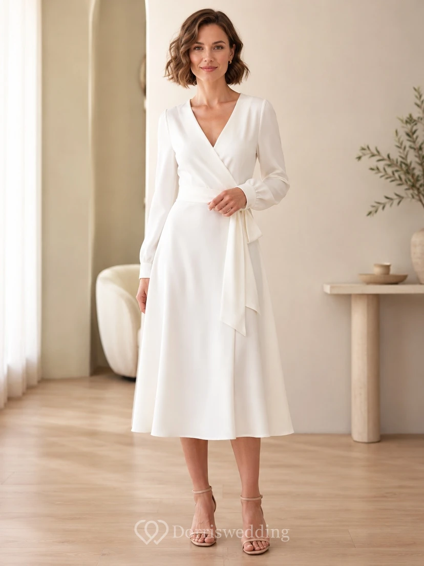 Robe blanche portefeuille en satin à manches trois-quarts et col en V, coupe trapèze, longueur thé