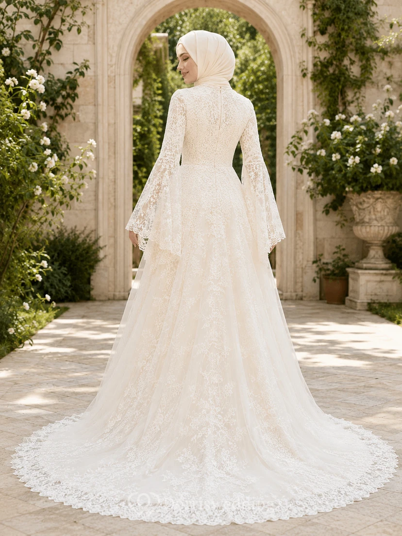 Vestido de novia bohemio musulmán de encaje con mangas acampanadas, estilo jardín view 2