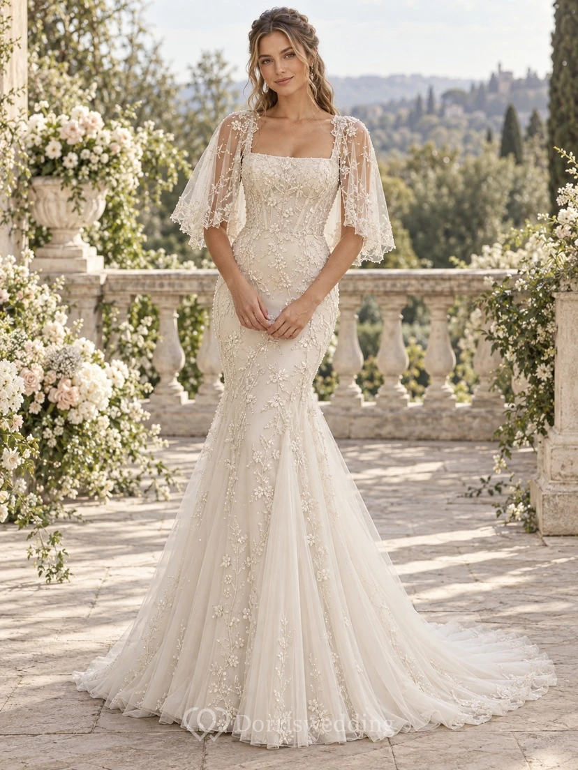 Robe de mariée sirène à col carré, manches papillon, dentelle florale et broderie de perles, traîne chapelle